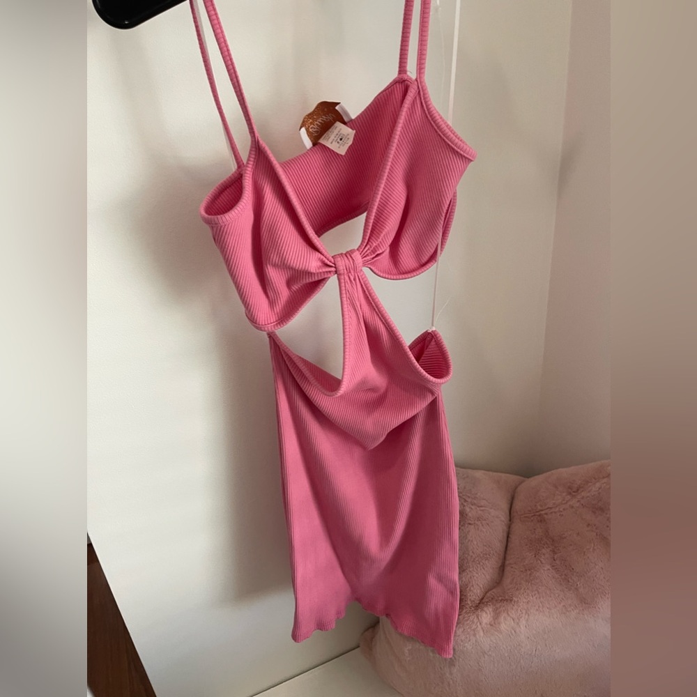 Pink Ribbed Cut Out Mini Dress
